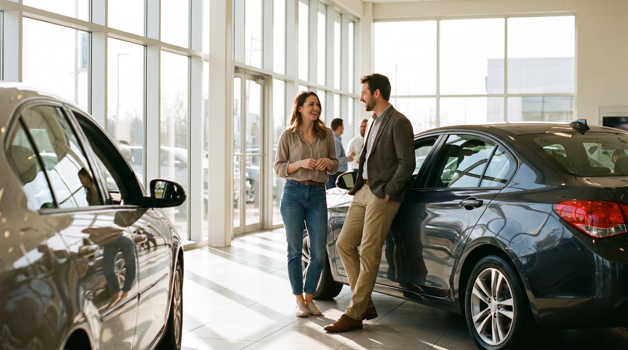 Customer and salesperson talking casually in a bright dealership showroom