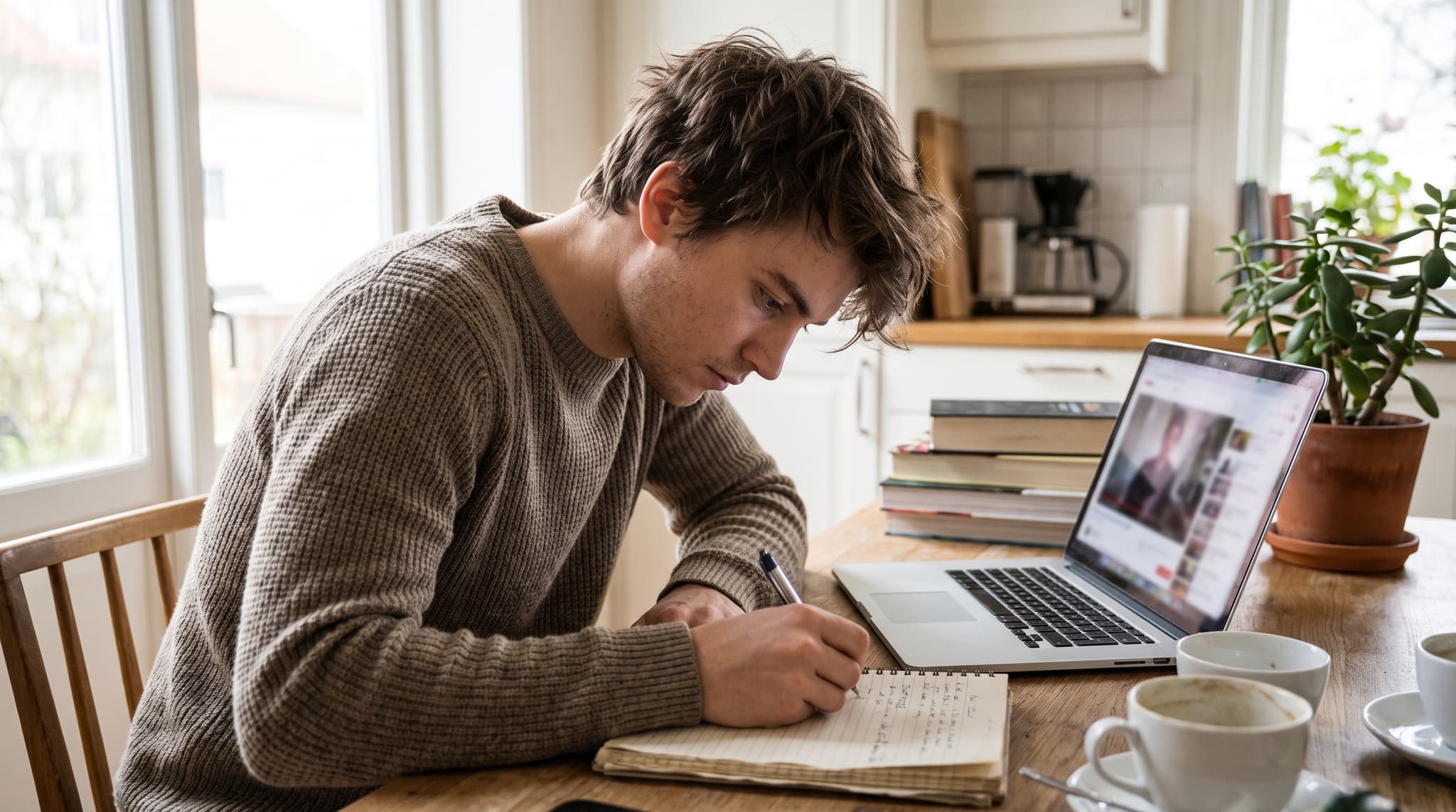 Man taking notes while learning about credit at his kitchen table